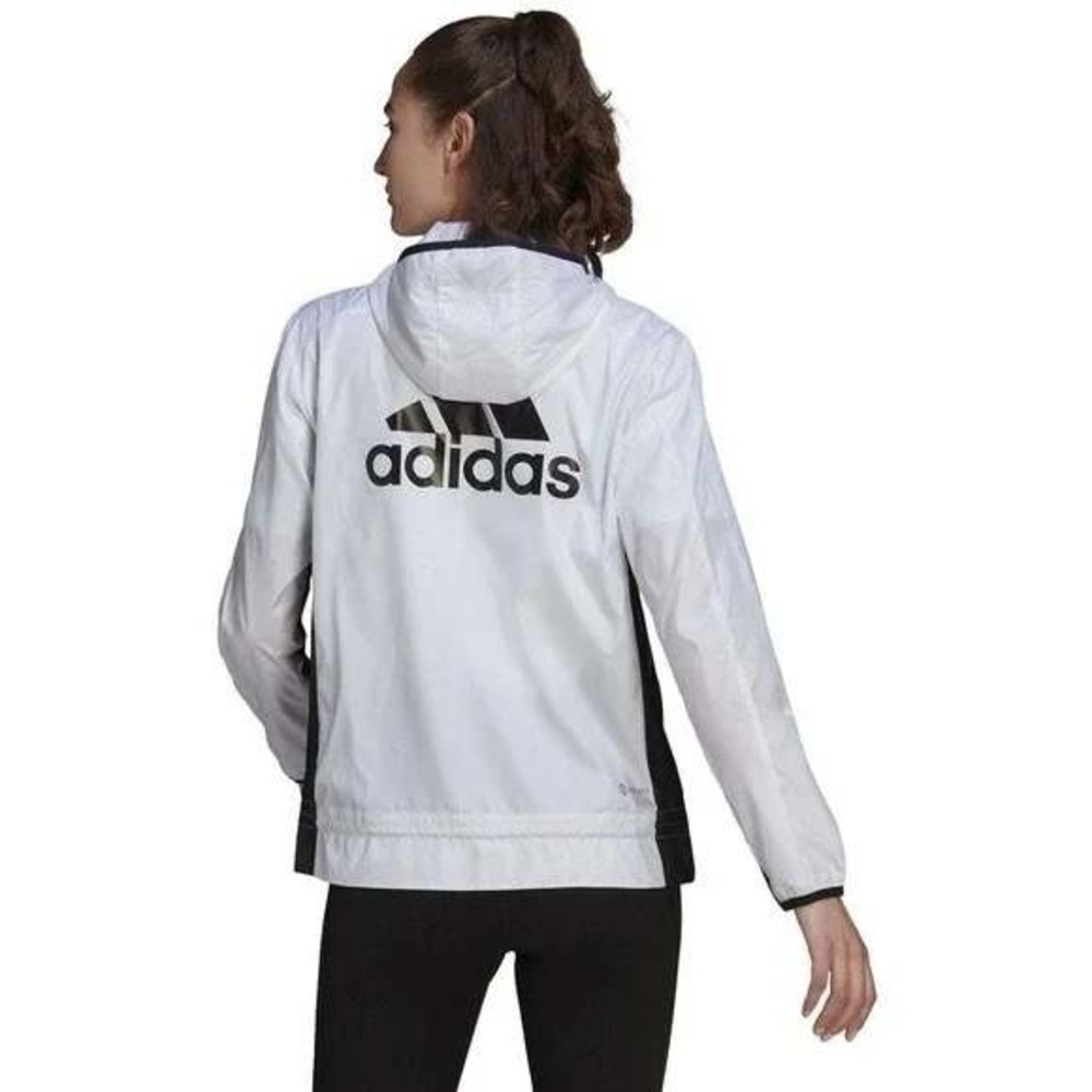 Adidas Windbreaker Jacket HF2149 Womens Small White Black Hooded Full Zip NEW